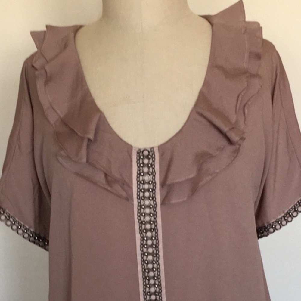 Metal trim beige top with short kimono sleeves and ruffled v neck, S